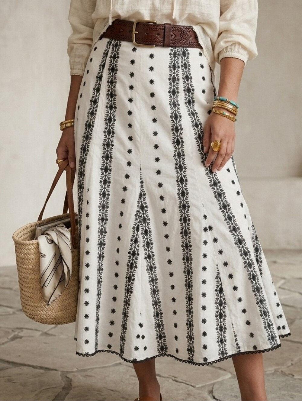 White Embroidered Eyelet Midi Skirt Contrast Scallop Trim Size 6 Boho